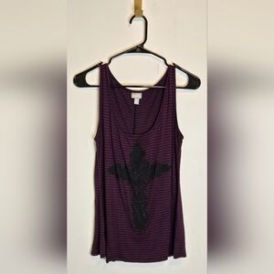 87. Y2K Purple Striped Tank Top with Black Beaded Cross And Lace Back